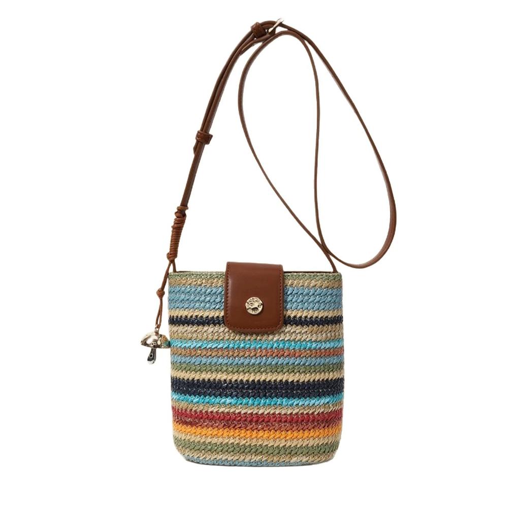 Rainbow Striped Woven Bucket Bag Women'S Summer Seaside Beach Bag Ethnic Style Shoulder Messenger Bag