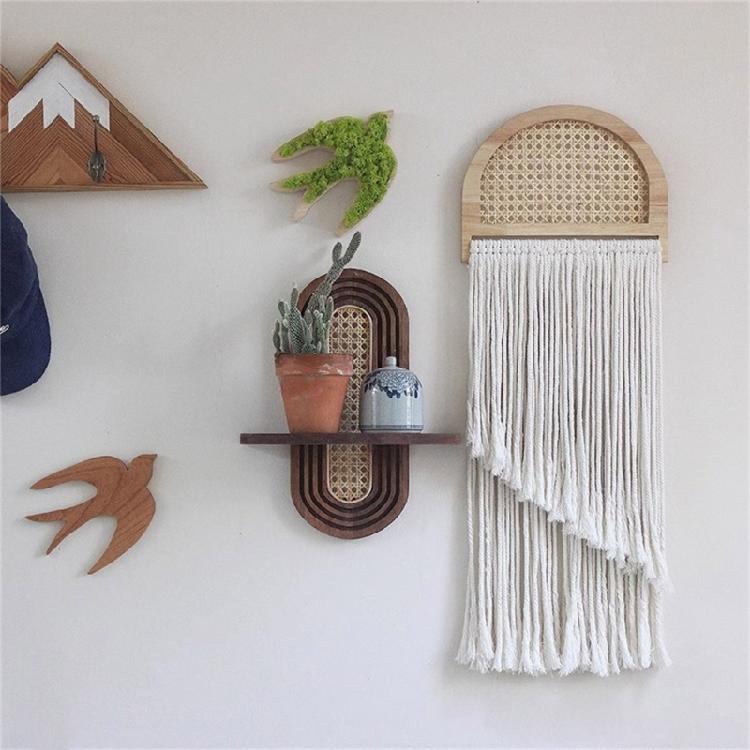 Stylish Rattan Wall Shelf With Wooden Arched Floating Display Stand For Home Decors Plant Decorative Items Hanging Shelf