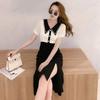 Women's Korean-French Style Casual Split Doll Collar A-Line Dress Ruffle Beaded Patchwork Short-Sleeve Dress