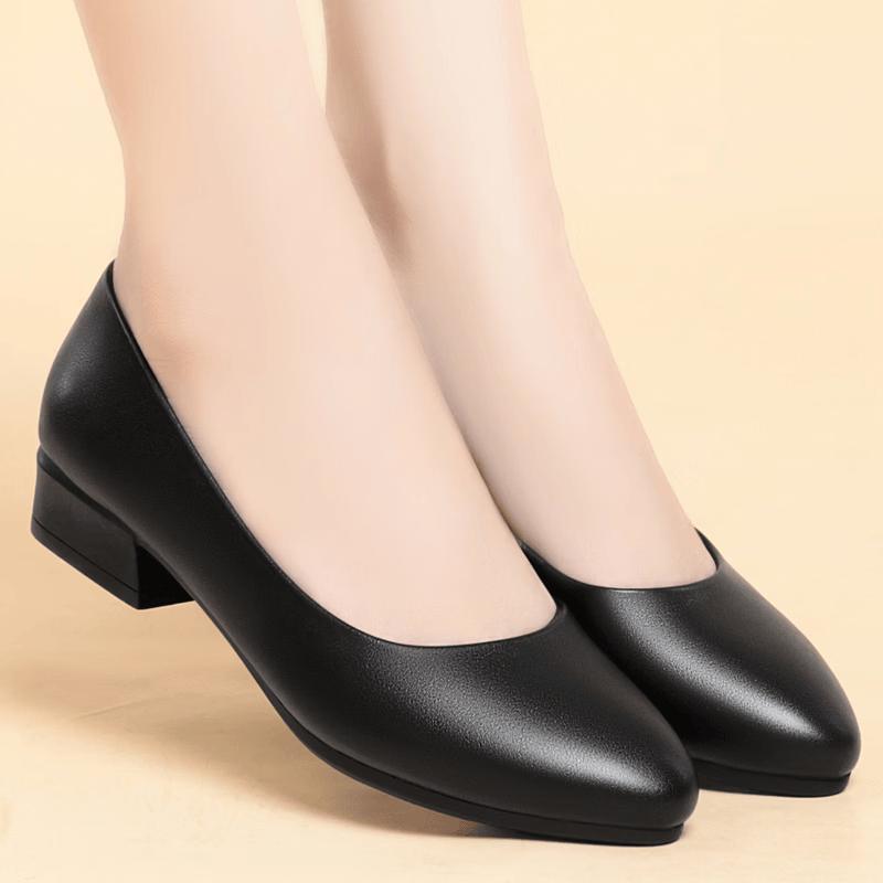 JOEWVAL Women s Professional Black Leather Work Shoes with Chunky Heel 34