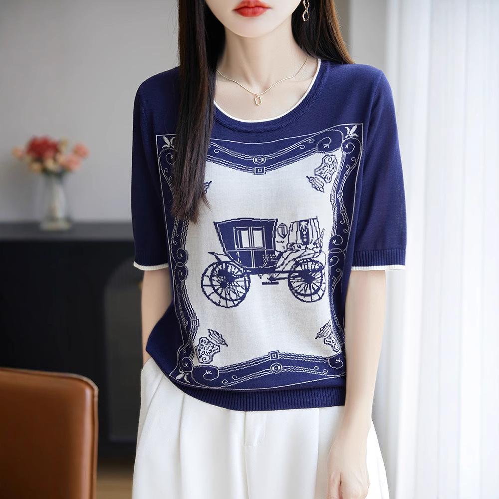 Summer Women's Round Neck Loose Knitted T-shirt Color Blocked Jacquard Short Sleeve Knitted Shirt for Women