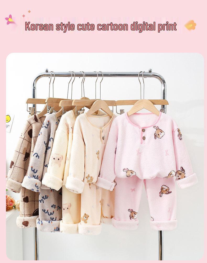 Set de pijamale din fleece dublu-față, stil coreean, pentru copii, cu desene animate, pentru băieți și fete - Îmbrăcăminte caldă de toamnă/iarnă