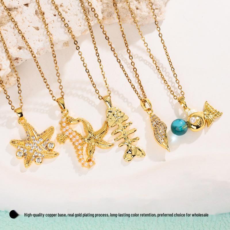 Personalized Ocean Series 18k Gold-Plated Hip Hop Necklace with Micro-Inlaid Diamonds for Women