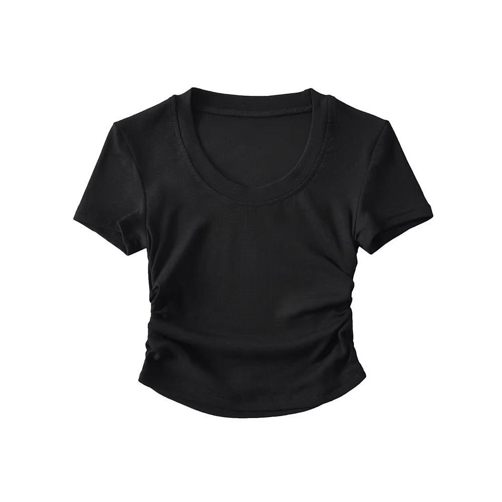 Trendy Women's Round Neck Short Sleeve Side Ruched Bodycon Crop Top
