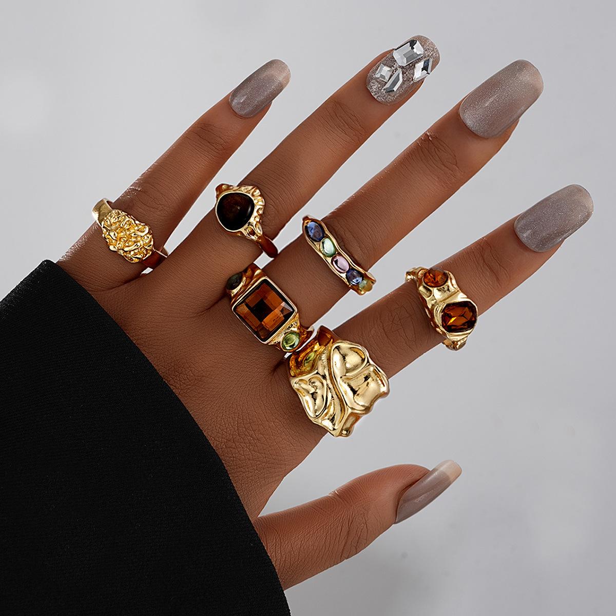 

6Pcs/Set Maillard Brown Stone Ring Sets for Women Fashion Colorful Zircon Geometric Opening Finger Ring Luxury Party Accessories