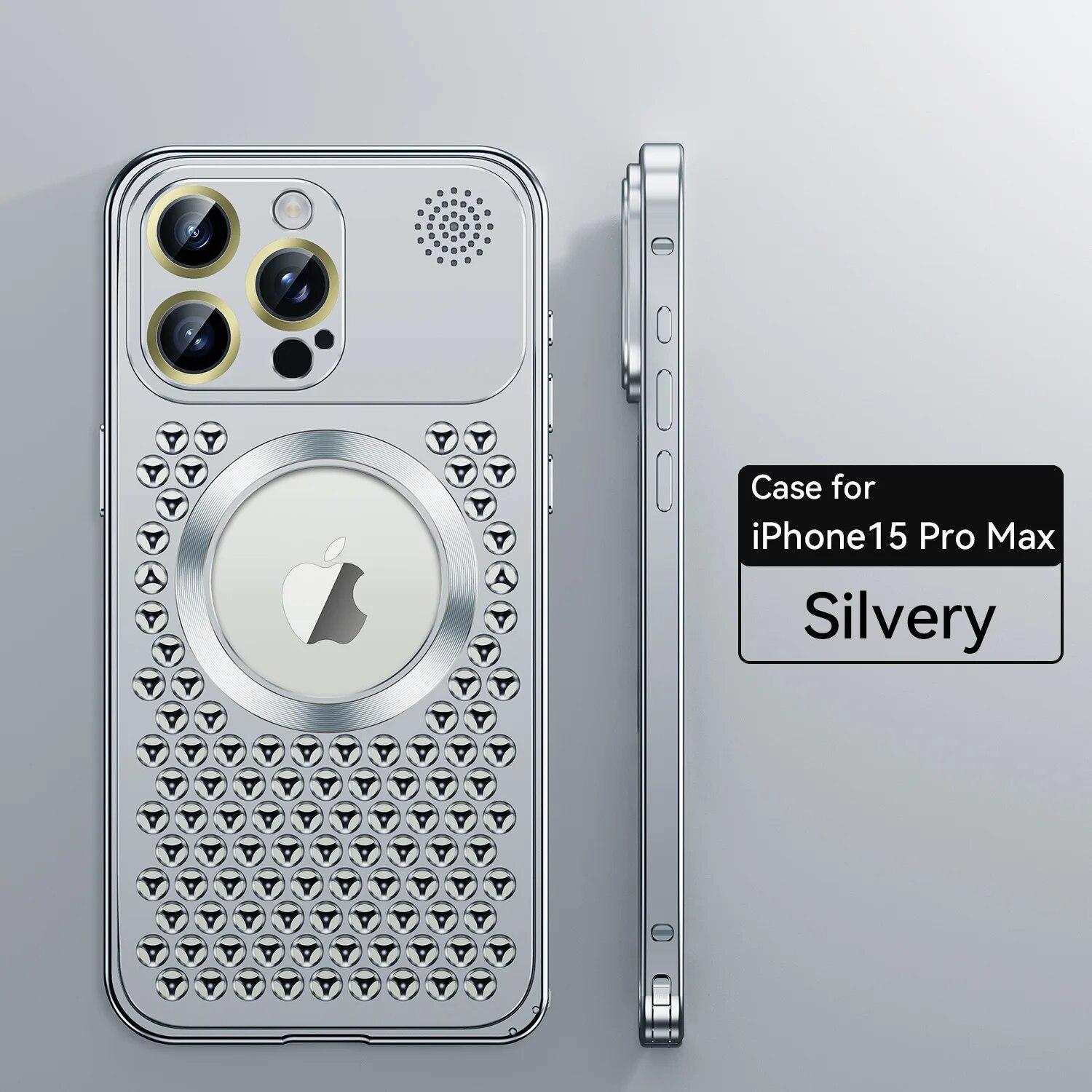 

Металлический чехол для телефона с рассеиванием тепла для IPhone 14 Pro 15 Pro Max 14 15 Plus Magsafe, чехол для беспроводной зарядки, пленка для объектива, противоударный защитный чехол For iPhone 15 серебряный