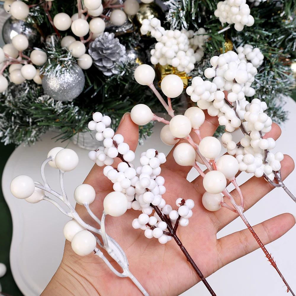 Artificial White Berries Stems Christmas Berry Branches Fake Fruit Flowers Wedding Party New Year Home Decorations DIY Crafts