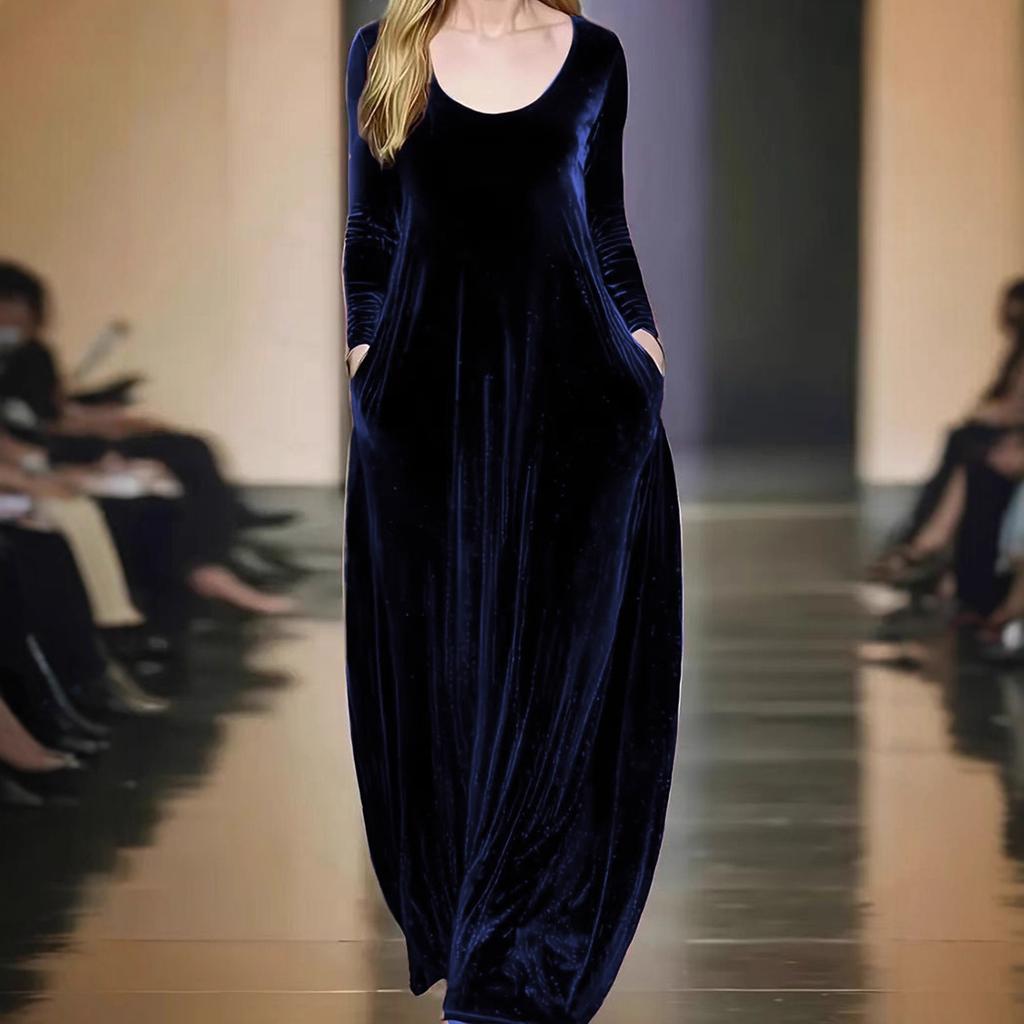 Women's Long-sleeved Round Neck Gold Velvet Elegant Long Dress