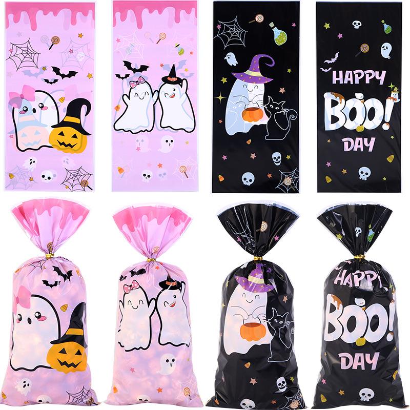 100pcs Halloween Ghost Cat Gift Bags Candy Cookie Packaging Bags Trick Or Treat 2025 Happy Halloween Party Decor Supplies