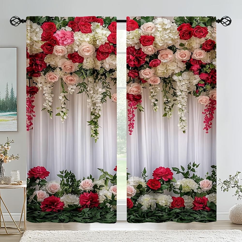 2 Pieces of Red Flowers As a False Background Printed Curtains, Pole Bag Curtains 42*84, Home Decoration, Room Decoration