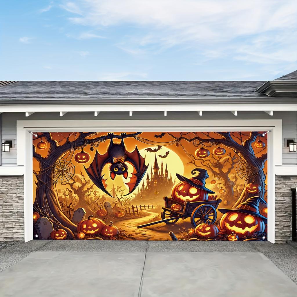 Ghost Halloween Garage Door Banner - Polyester, with fun bat, pumpkin, witch hat and spider web designs - Autumn decoration
