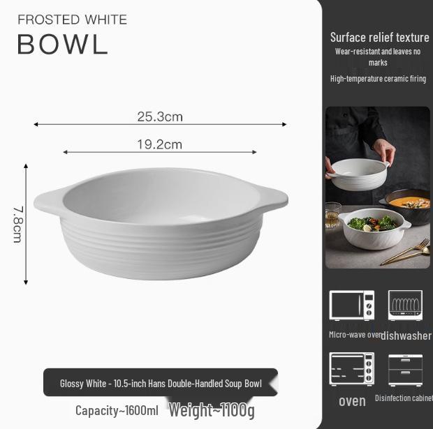 White Double-Ear Ceramic Soup Bowl, Large Noodle/Fish Basin, Anti-Scald, High-End Feel for Home Use