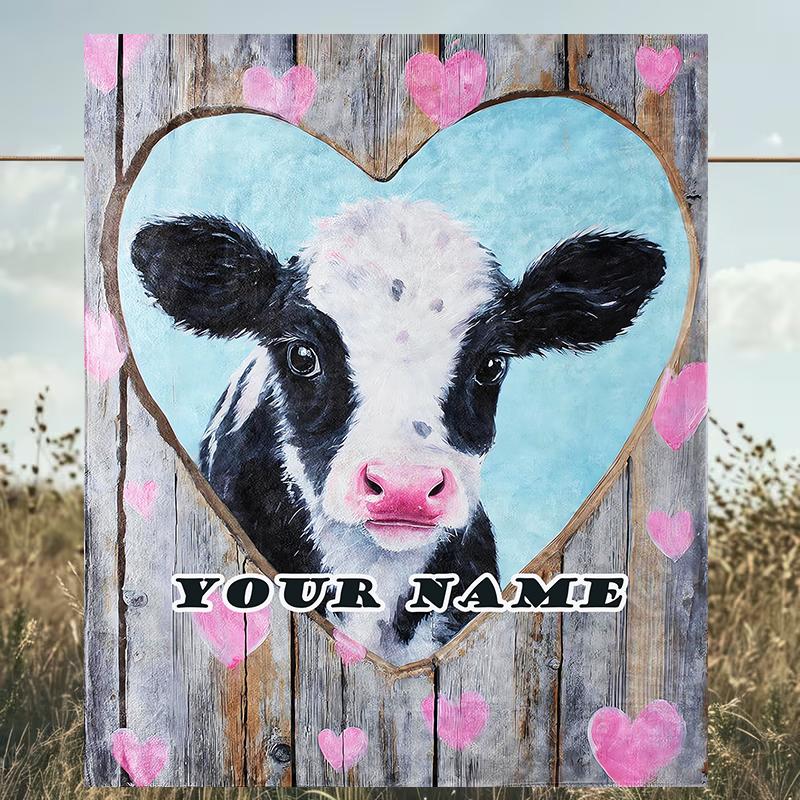 1PC Custom Name Love Cows Art Outdooor Flannel Blankets Patterns Throw Blanket All-Season Soft Gift for Couch, Bed, Camping Gifts