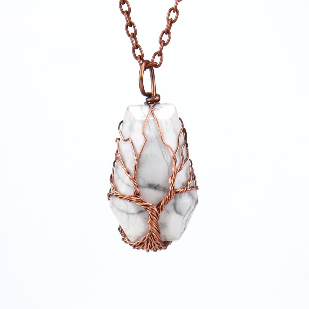 Handmade Ancient Red Copper Wound Tree Of Life Natural Crystal Stone Octahedron Necklace Fortune Tree Necklace N539