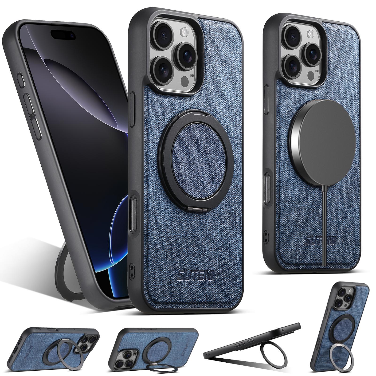 

SUTENI G3 For iPhone 16 Pro Max Magnetic Case Rotating Ring Kickstand Jeans Texture PU TPU Phone Back Cover Blue