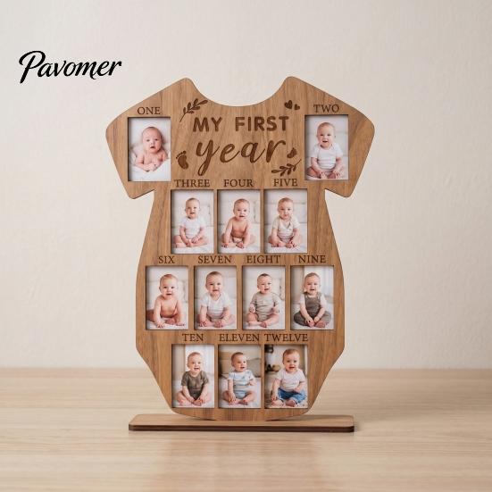 Natural Log Photo Holder Wooden Baby Milestone Frame, My First Year Growth Picture Infant Onesie Shaped Newborn Monthly Memory Keepsake for