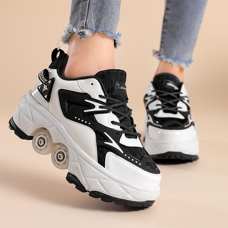 Teenagers /Boys/Girls Shapeshifting Shoes Four-wheel Dual-use Roller Skates Double Row Walking Shoes Roller Skates