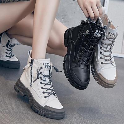 2025 Spring/Autumn Women's High-Top Sporty White Shoes with Round Toe, Side Zipper, and Thick Sole