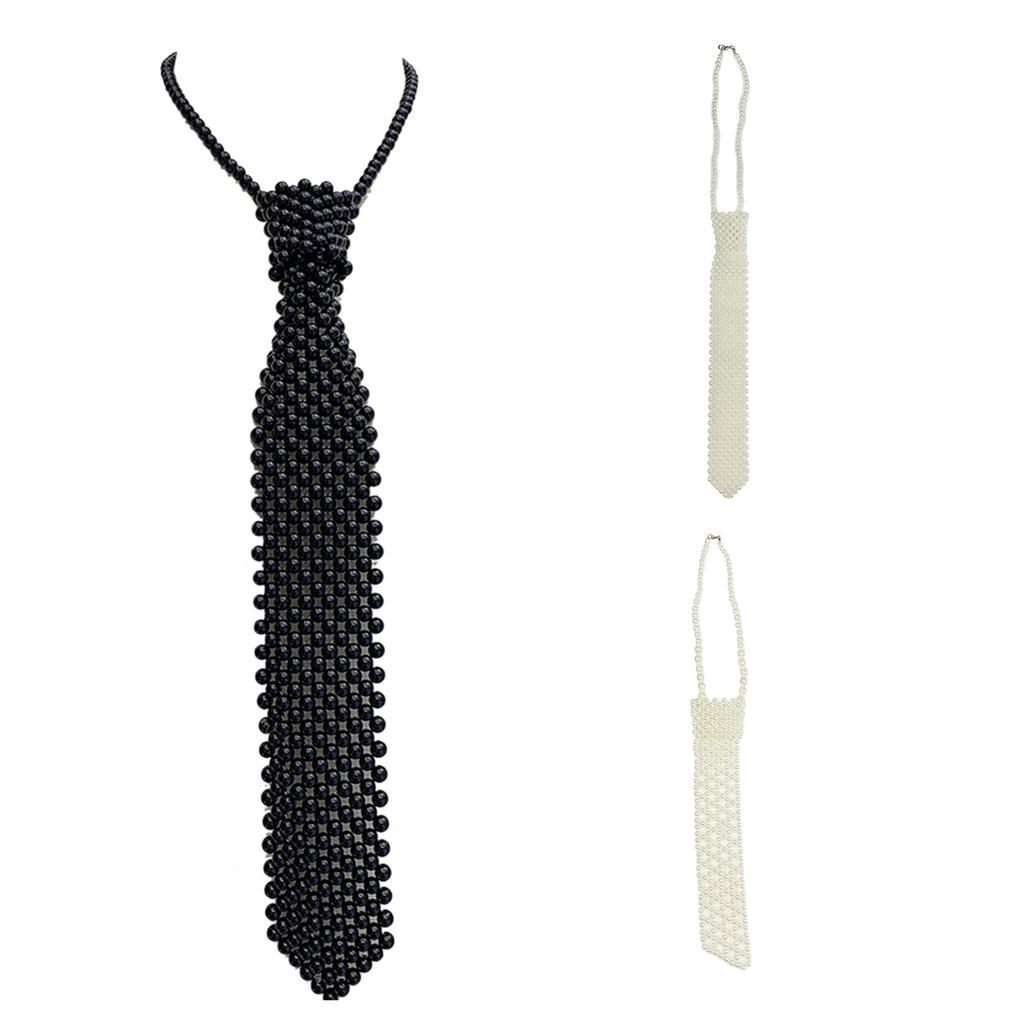 Vintage Pearl Necktie Collarbone Necklace for Women Men Elegant Adjustable Neck Ties Nightclub Party Stage Accessories
