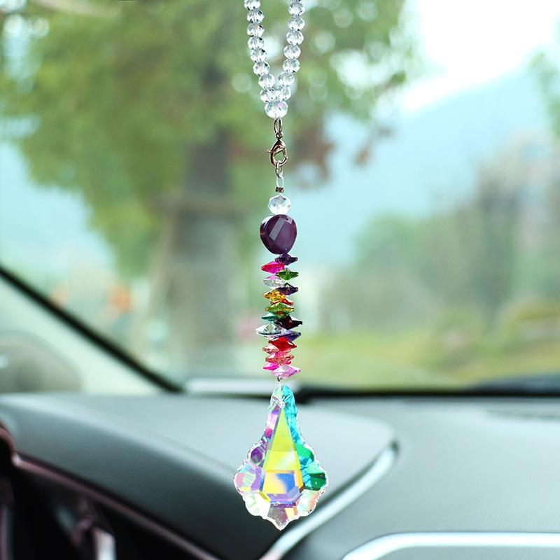 1pc Color Crystal Pendant Rainbow Drop Diamond Prisms Rearview Mirror Hangings Car Accessories Home Room Garden Decor Wind