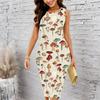 Women Plus Size Sleeveless Round Neck Midi Bodycon Dress Black Base Autumn Leaf Print Slim Fitted Dress