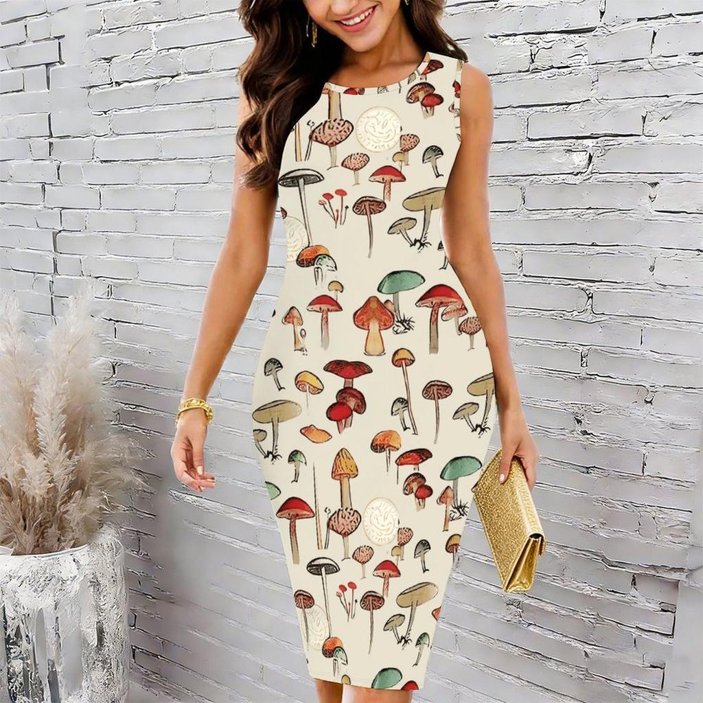Women Plus Size Sleeveless Round Neck Midi Bodycon Dress Black Base Autumn Leaf Print Slim Fitted Dress