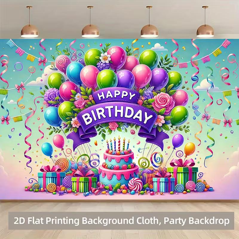 2D Colorful Candy Happy Birthday Backdrop Kids Birthday Party Photography Background Banner