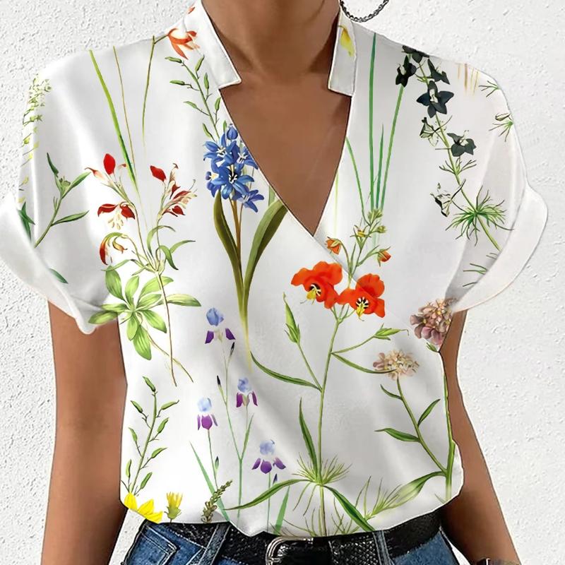 BITCED Dámská letní halenka s krátkým rukávem, volná, s výstřihem do V, stojáčkem a potiskem