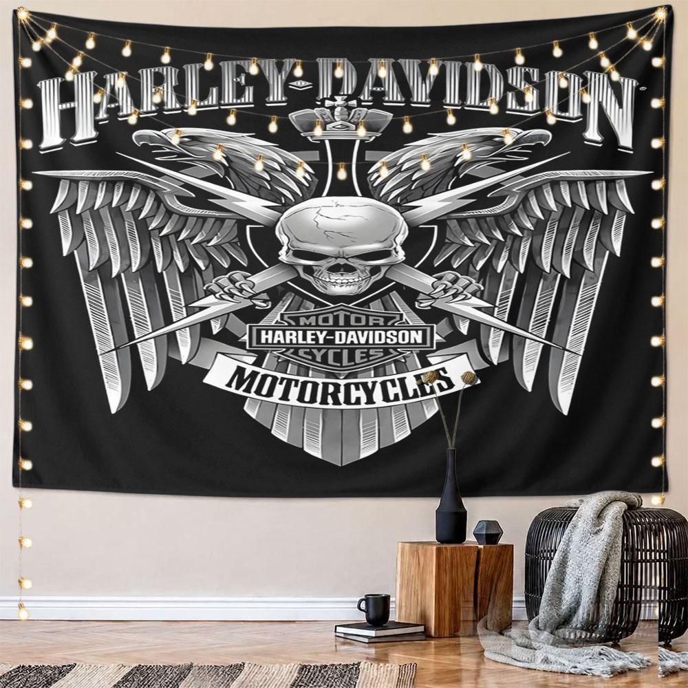 Harley-Davidson Skull Wings Design Pattern Wall Hanging Tapestry Decorative Tapestry Home Decor for Bedroom and Living Room