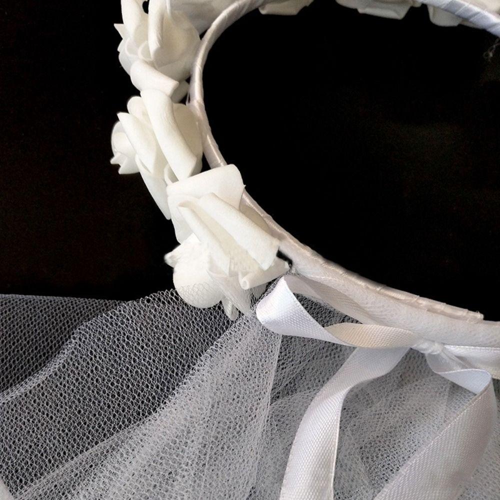 Puffy Exquisite Wedding Photo Artificial Flower Wreath Headband Bridal Veil Lace Up Party Accessory