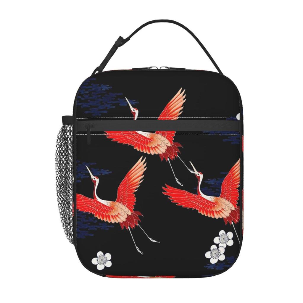 Elegant Chinese Crane And Red Golden Maroon Insulated Lunch Bag for Women Children Portable Food Boxes Thermal Lunch Box Tote
