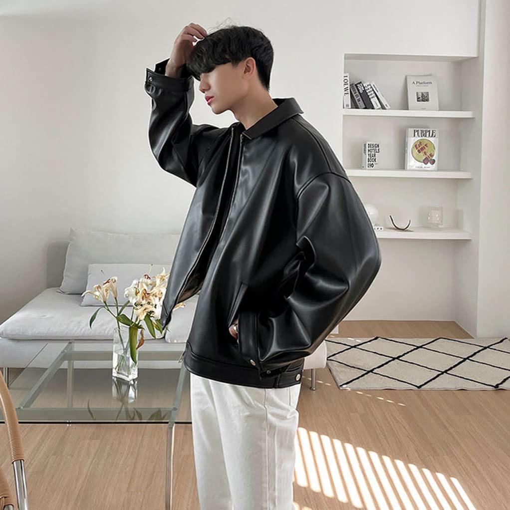 BREAORTION Leather Stadium Biker Synthetic Leather Solid Color Stylish Street Style Plus Sizes Men's Jacket, Jacket, Jacket, Jacket, Outerwear,