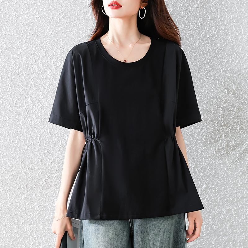 Dimanaf 2025 Summer Solid Basic Plus Size Women T-Shirts Elegant Short Sleeve Tops Tees Loose Shirt