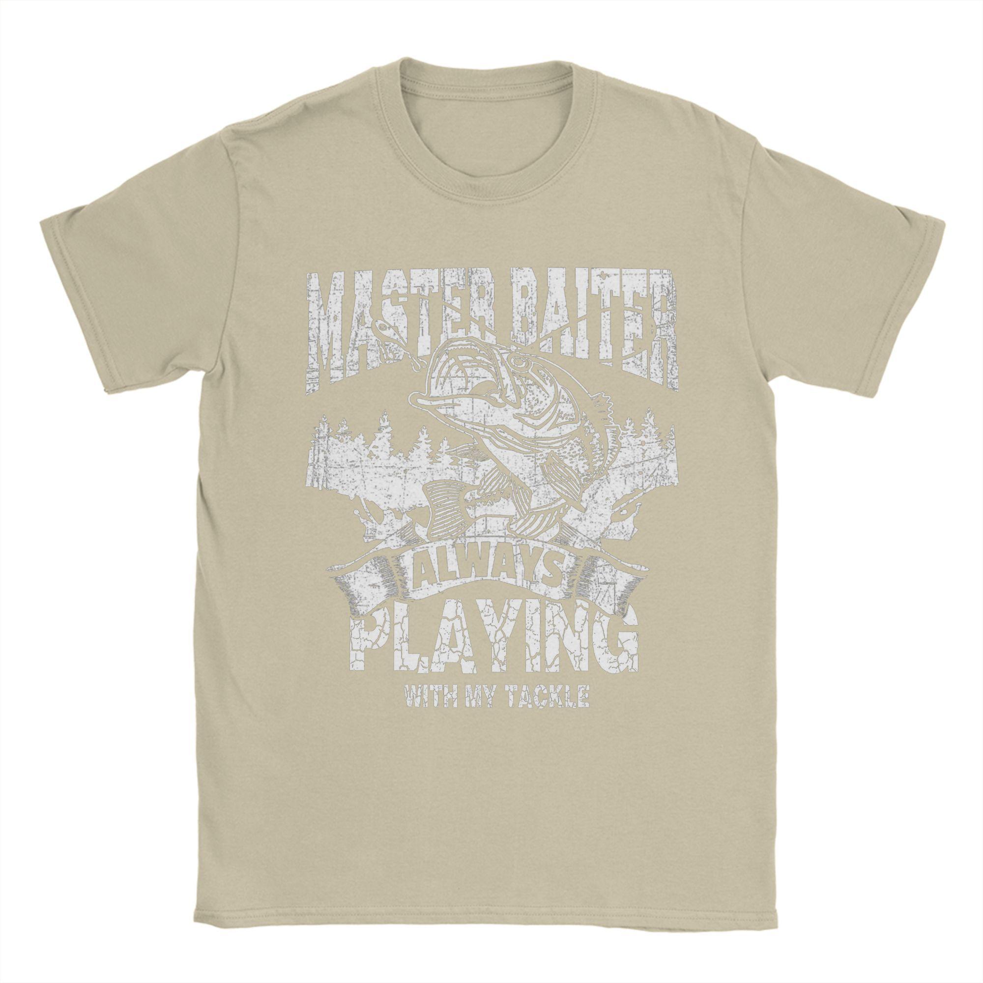 The best product for you Master Baiter Speelt Altijd met Mijn Tuig Vis T-shirts Mannen Katoen Vintage T-shirt Ronde Hals T-shirt Korte Mouw Cadeau M