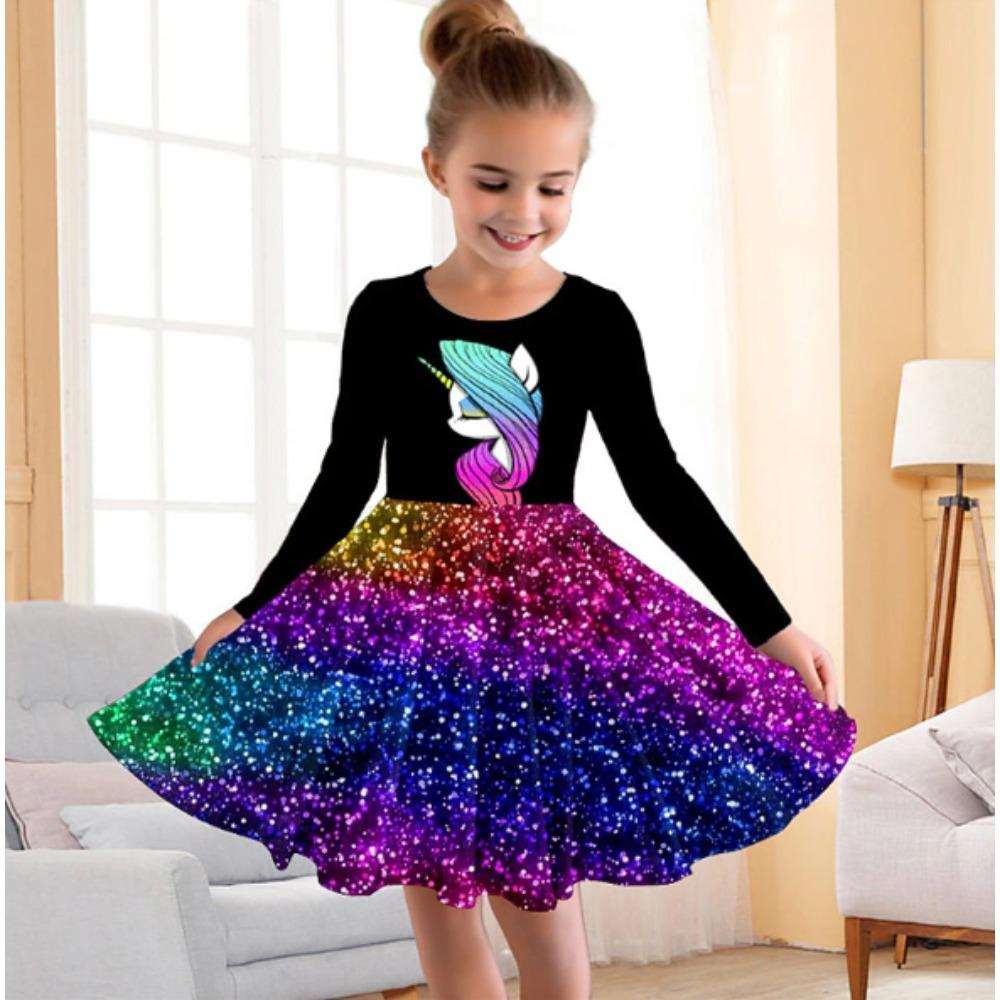 Girl Casual 3D Unicorn Pattern Print Round Neck Long Sleeve Dress Kid Princess Dress
