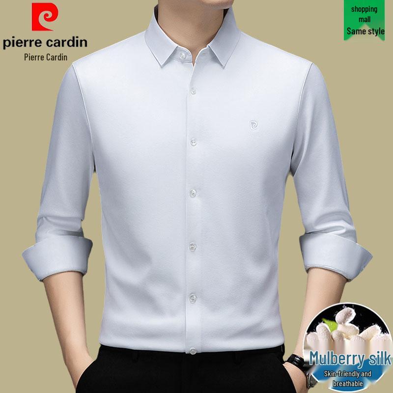 Pierre Cardin Men's Long Sleeve Mulberry Silk Shirt - Iron-Free, Plus Velvet, High-End Business Casual for Autumn/Winter