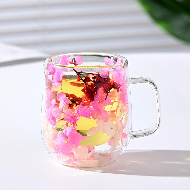 

Скляна чашка з сушеними квітами з подвійними стінками - Декоративна термостійка чашка для кави/чаю (Багатоколірні варіанти) білий/рожевий