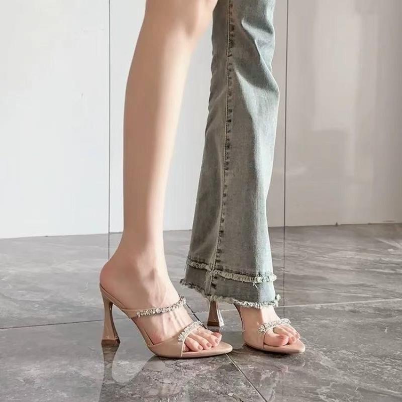 Women s Summer New Pointed Toe Open Toe Rhinestone Buckle Stiletto Non-Slip High Heels 34