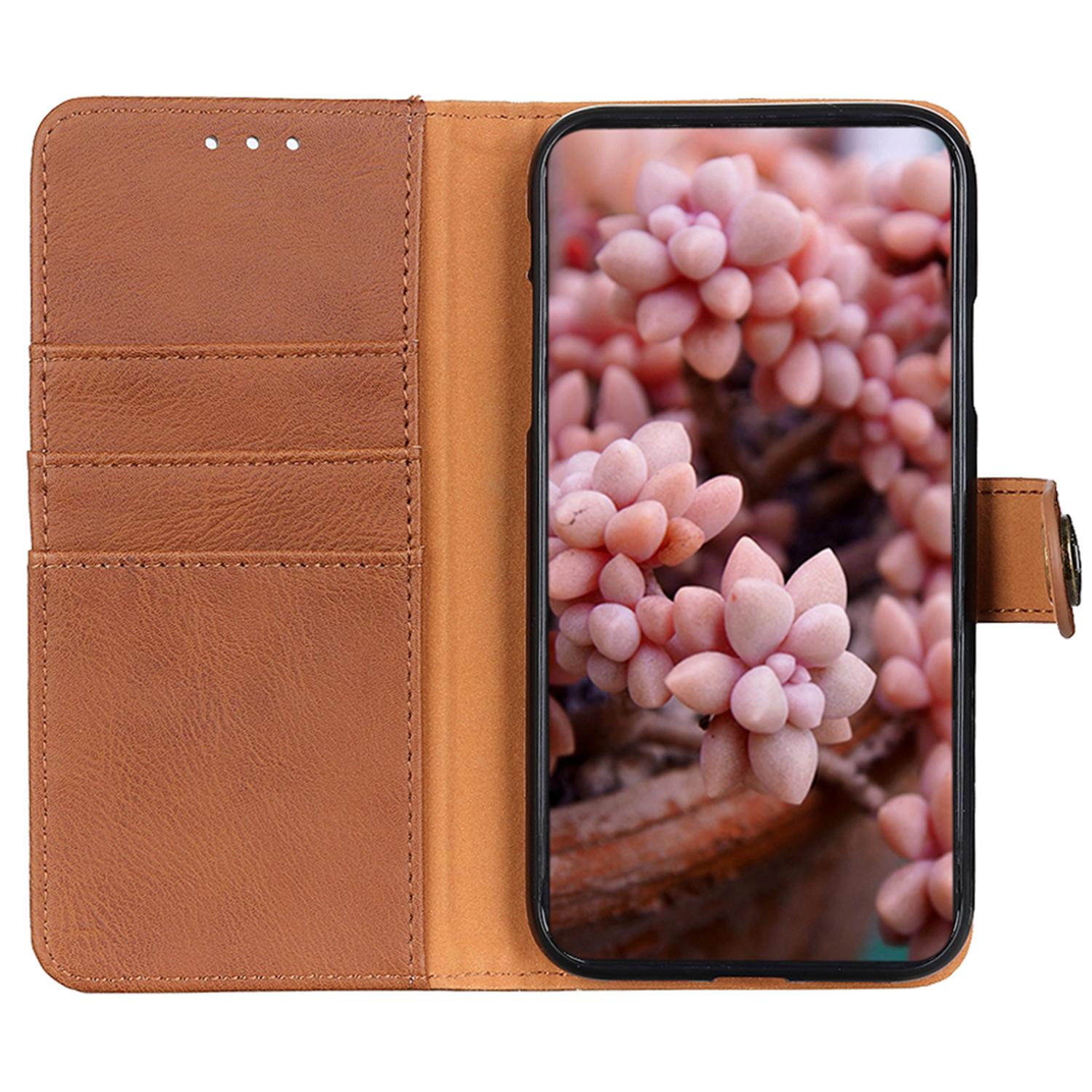 

KHAZNEH For iPhone 16e Wallet Case Cowhide Texture Leather Flip Phone Cover Brown