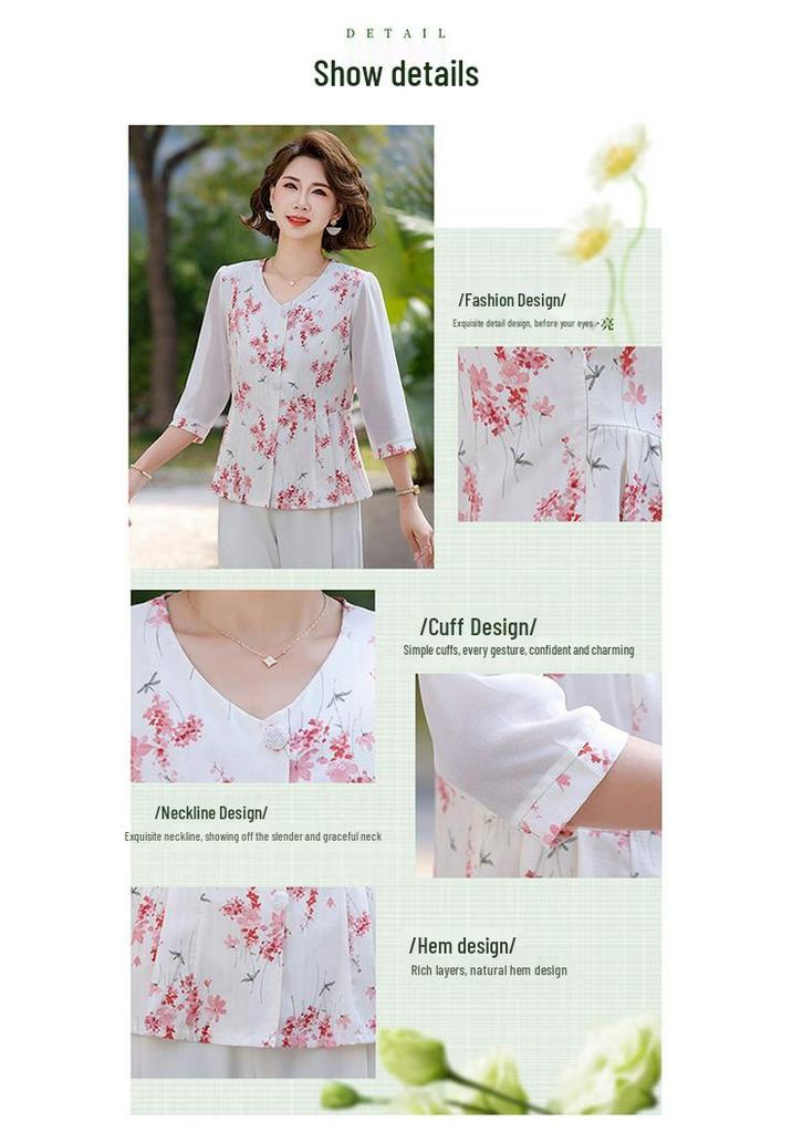Elegant Summer Short-Sleeved Top for Middle-Aged Women