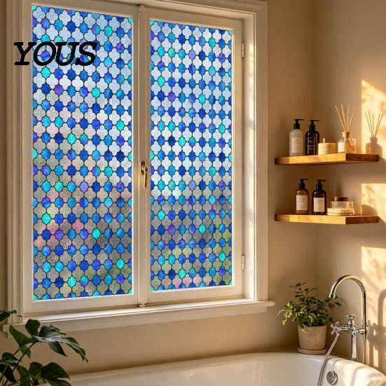 Easy Install Window Sticker Stained Glass Film, Retro Geometric Plaid Static Cling Privacy Decal, Double Non-Adhesive Film for Bedroom Sided