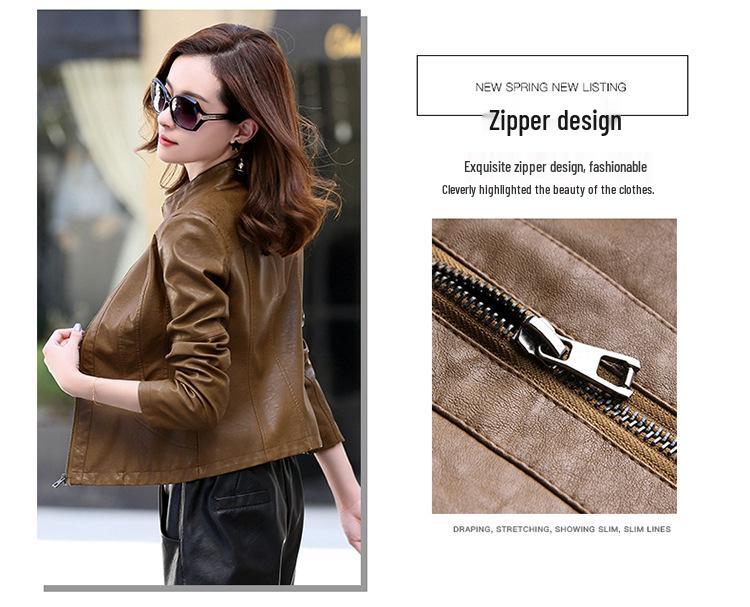 Women's Slim Fit Lambskin Motorcycle Jacket, Short Stand-up Collar, Autumn/Winter Korean Style