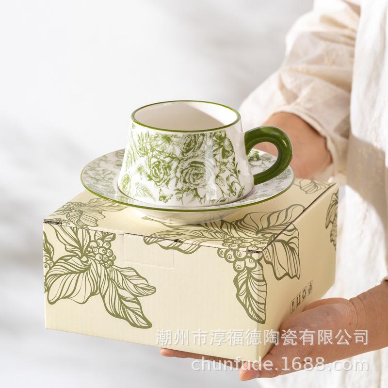 Green Rose Queen Coffee Cup Saucer Ceramic Cup Afternoon Tea Souvenir Gift Mug Set Newlywed Housewarming see details for dimensions