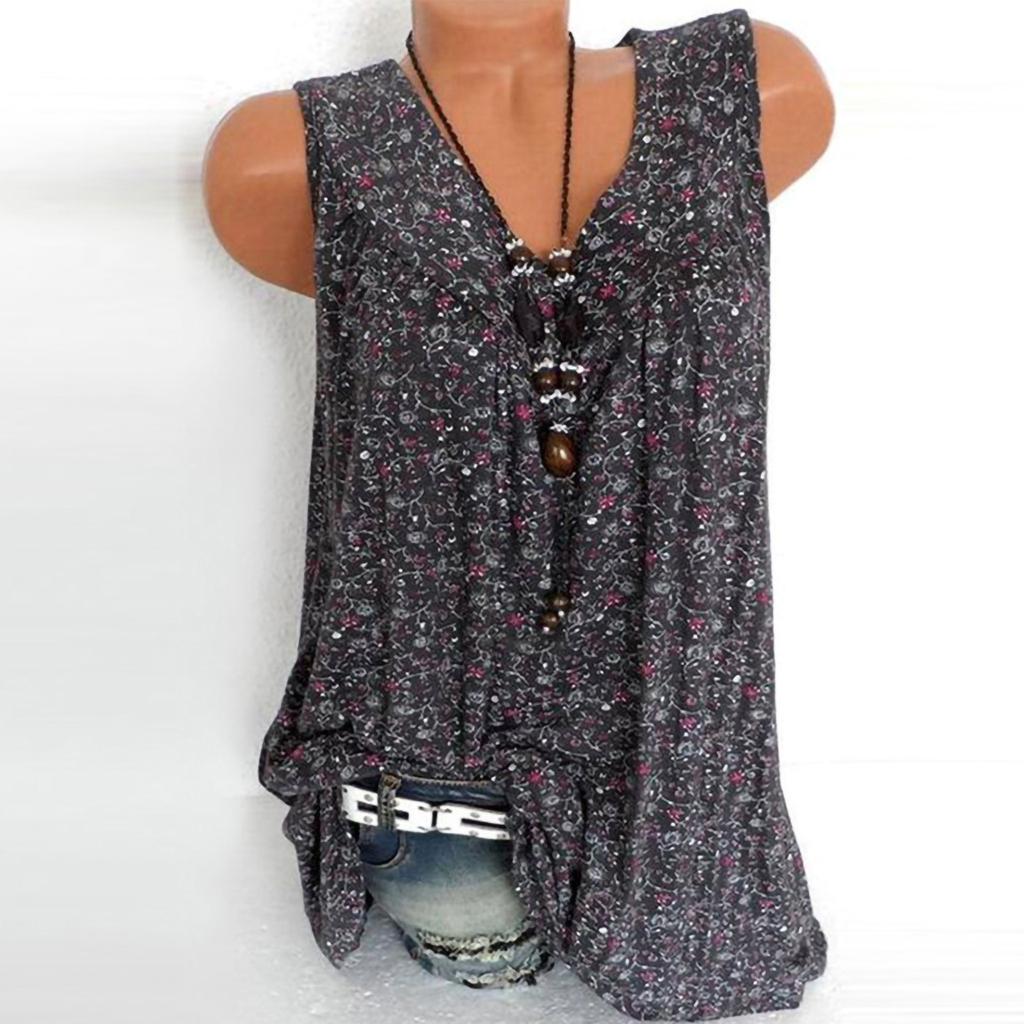 Fashion Women V Collar Printed Broken Flowers Sleeveless Leisure Time Shirt