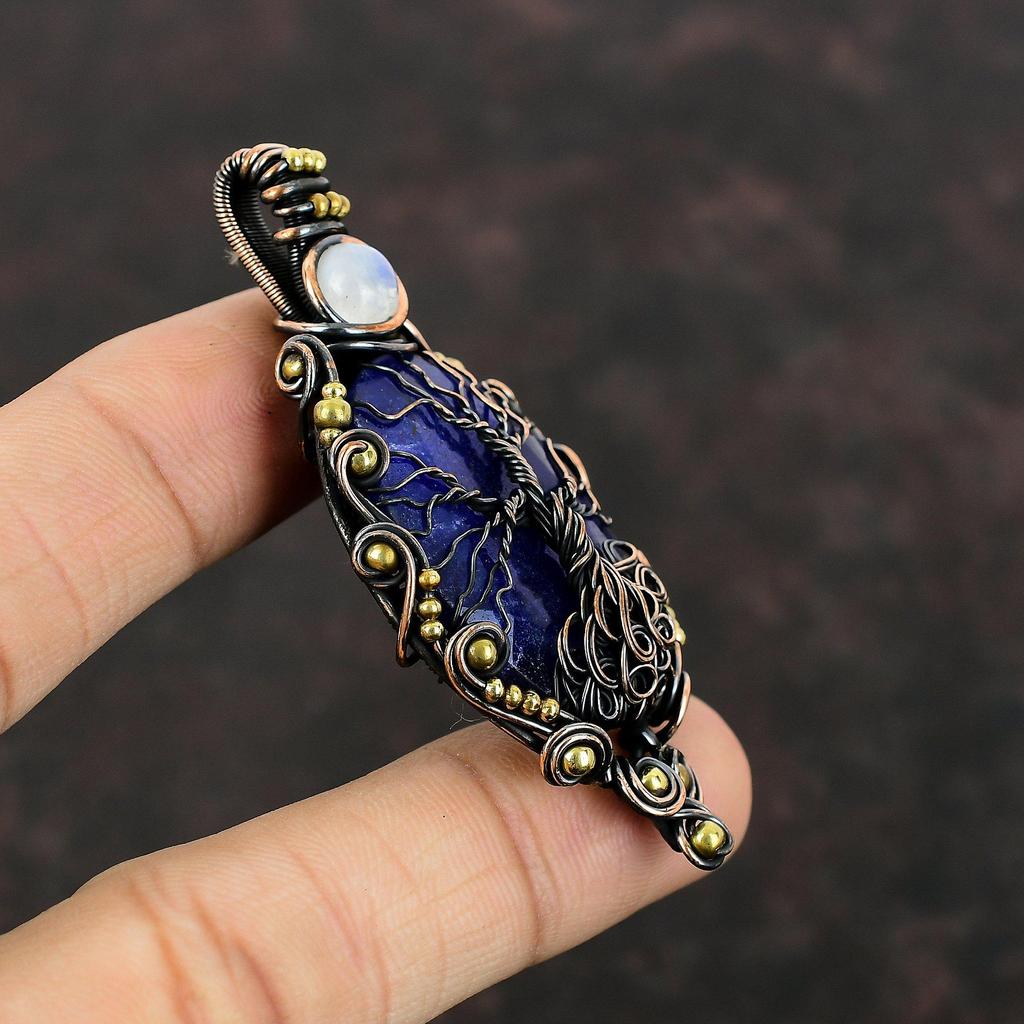 Tree Of Life Faceted Blue Sapphire Pendant Copper Wire Wrapped Gemstone Pendant Rainbow Moonstone Pendant Handmade Jewelry Anniversary Gifts