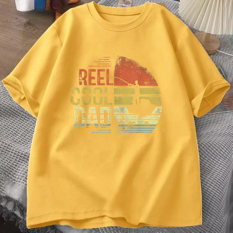 Fishing Dad T‑shirt "Reel Cool Dad" Retro Sunset Fisherman Design Casual Short Sleeve Mens Tee Fathers Day Gift Fishing Tee Top