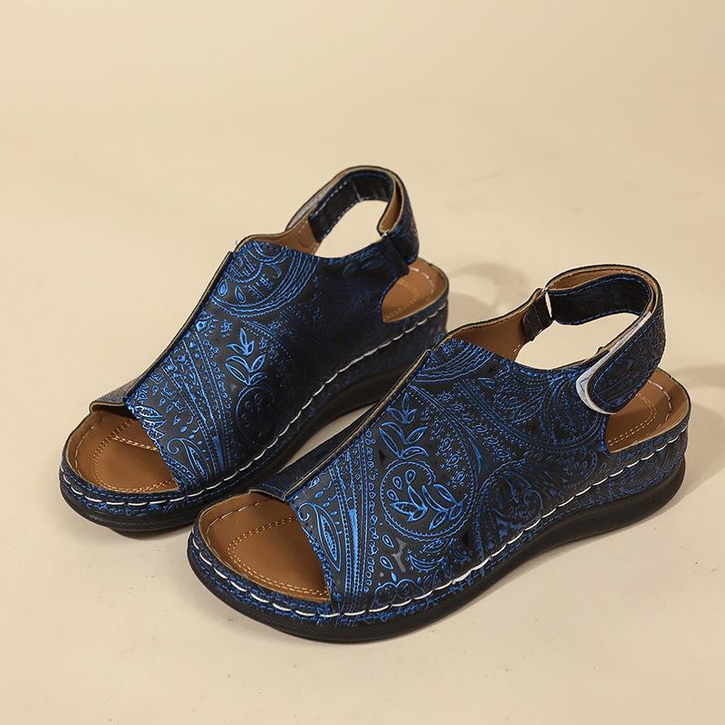 Retro Rock Pattern Large Size Wedge Sandals Women's Summer New Platform High Heel Sandals Women's