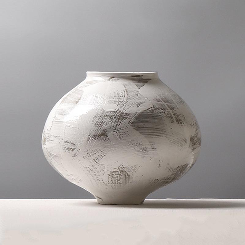 Large Modern Minimalist Chinese Zen White Glazed Art Pottery Vase with Hand-Painted Sweep Stroke Pattern