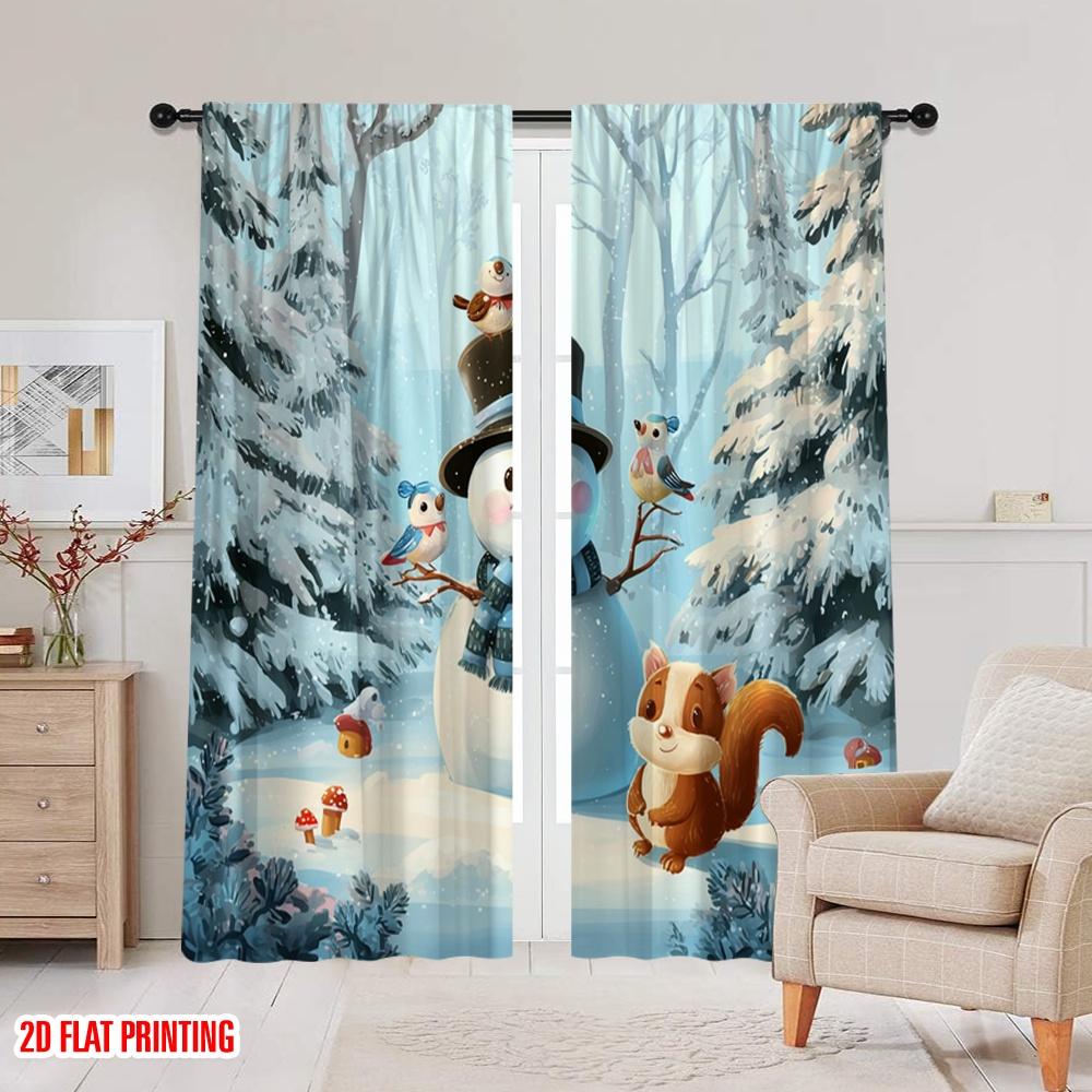 2 Stück, 2D-Flachdruck Vorhänge Rollos Winter Schneemann & Eichhörnchen Polyester Einfache Montage (ohne Stange) Heimdeko für