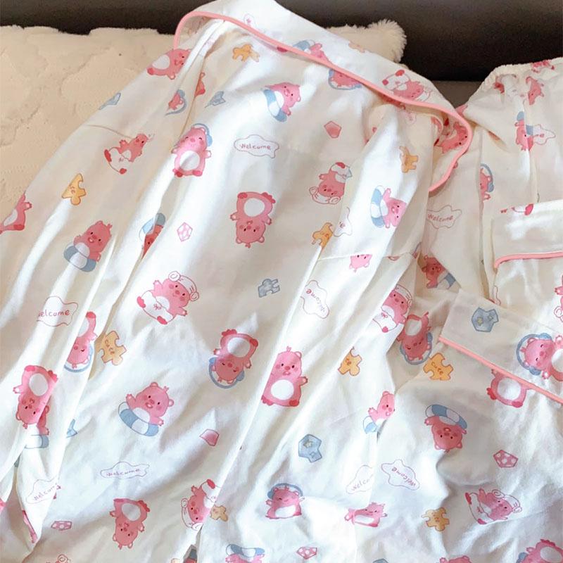 Ensemble de Pyjama Mignon à Carreaux pour Filles Printemps Automne Manches Longues Vêtements de Nuit Décontractés pour Femmes Ample Vêtements d'Intérieur